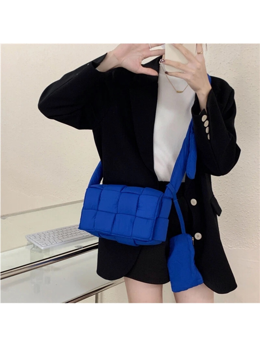 Blue Quilted Puffer Crossbody Shoulder Bag | Woven Pillow Style